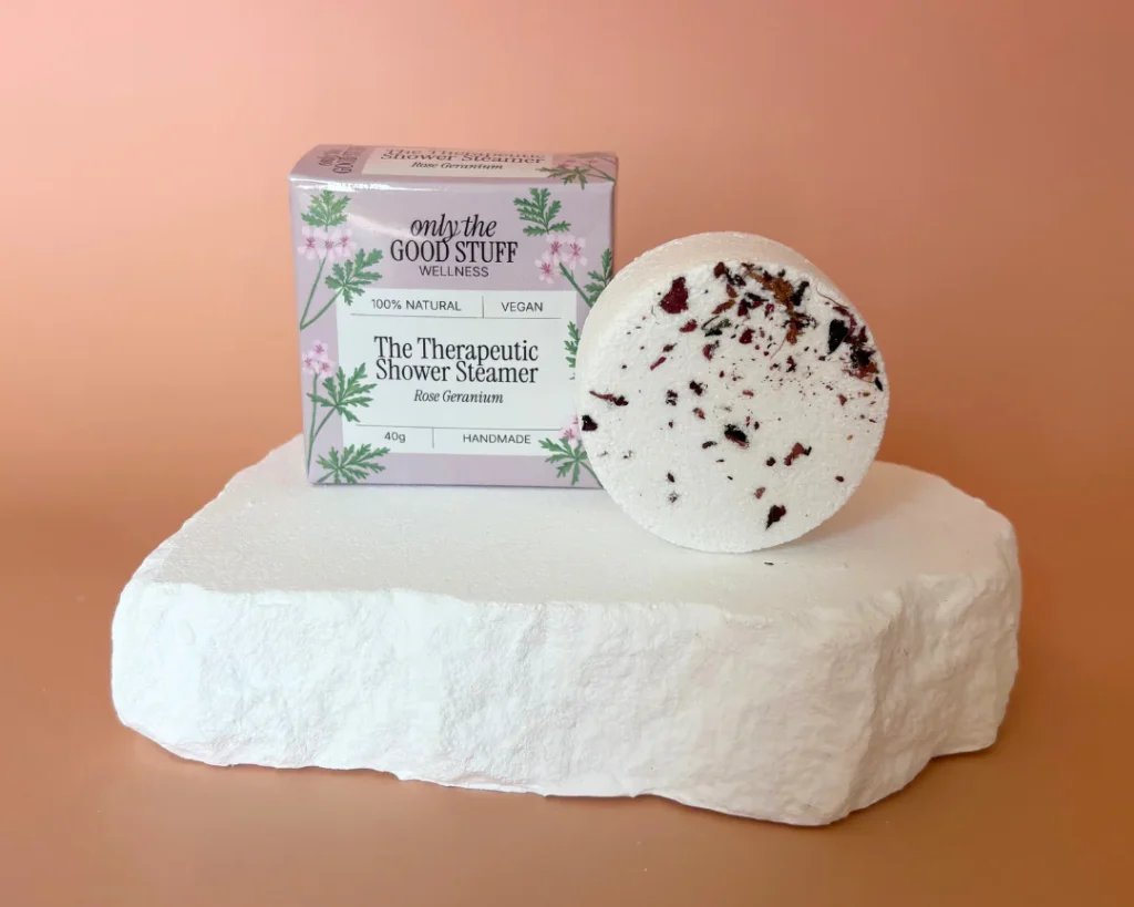 Shower steamer packaging design for aromatherapy brands therapeutic collection with Rose Geranium