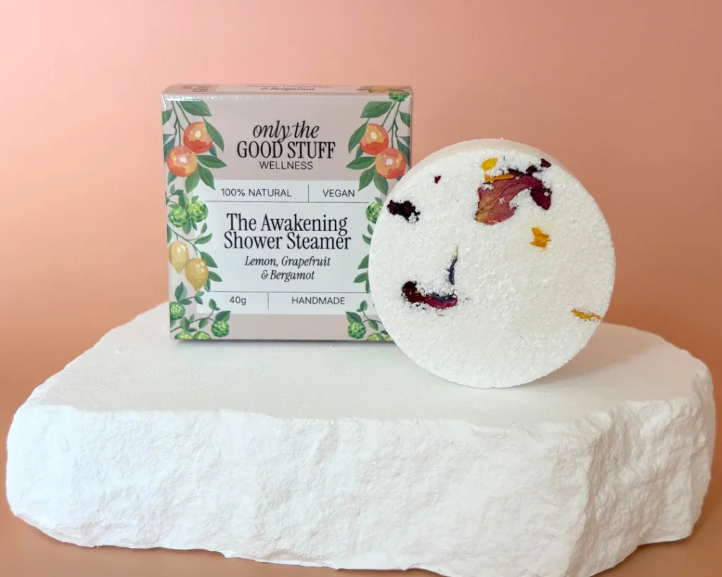 Shower steamer packaging design for aromatherapy brands awakening collection with lemon, grapefruit & bergamot